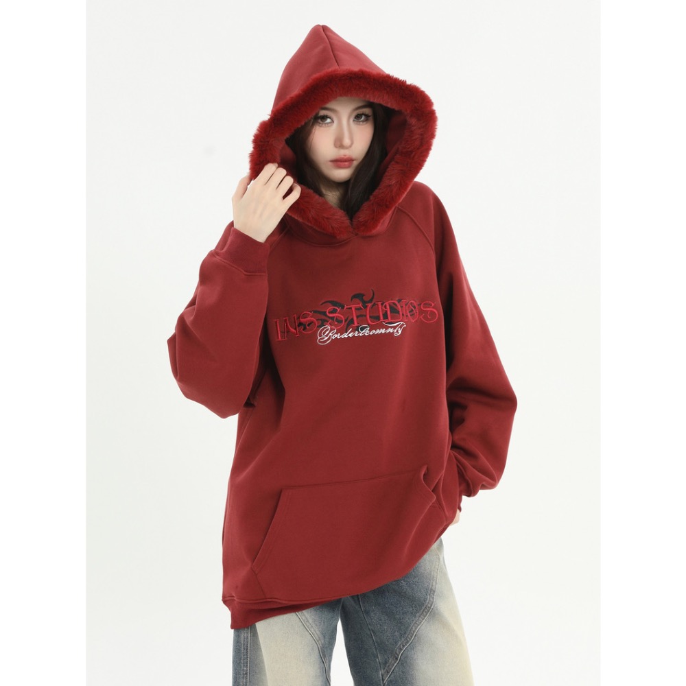 𝟒𝟐 𝐒𝐇𝐎𝐏 𝐬𝐭𝐮𝐝𝐢𝐨 | INS過年限定系列🧨美式刺绣LOGO毛領衛衣寬鬆重磅連帽衛衣-細節圖6