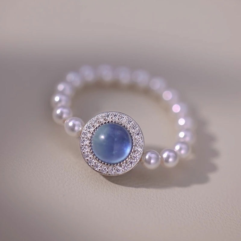 純銀天然海藍寶珍珠戒指 彈性戒指-細節圖2