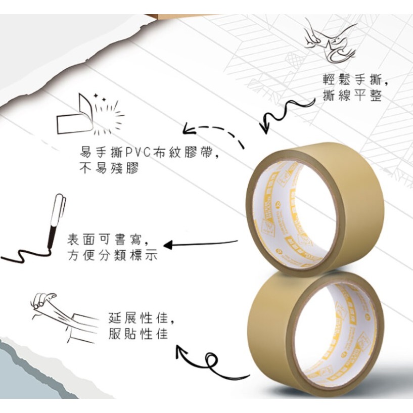 鹿頭牌 PVC膠帶 60mm * 18M 四維 PVC 膠帶 易手撕 布紋膠帶 布紋 DEER BRAND-細節圖2