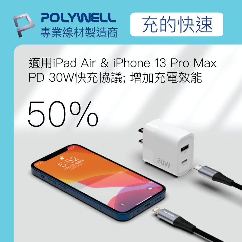 POLYWELL PD雙孔快充頭 30W 充電頭 Type-C充電器 豆腐頭 適用蘋果iPhone快充-細節圖2