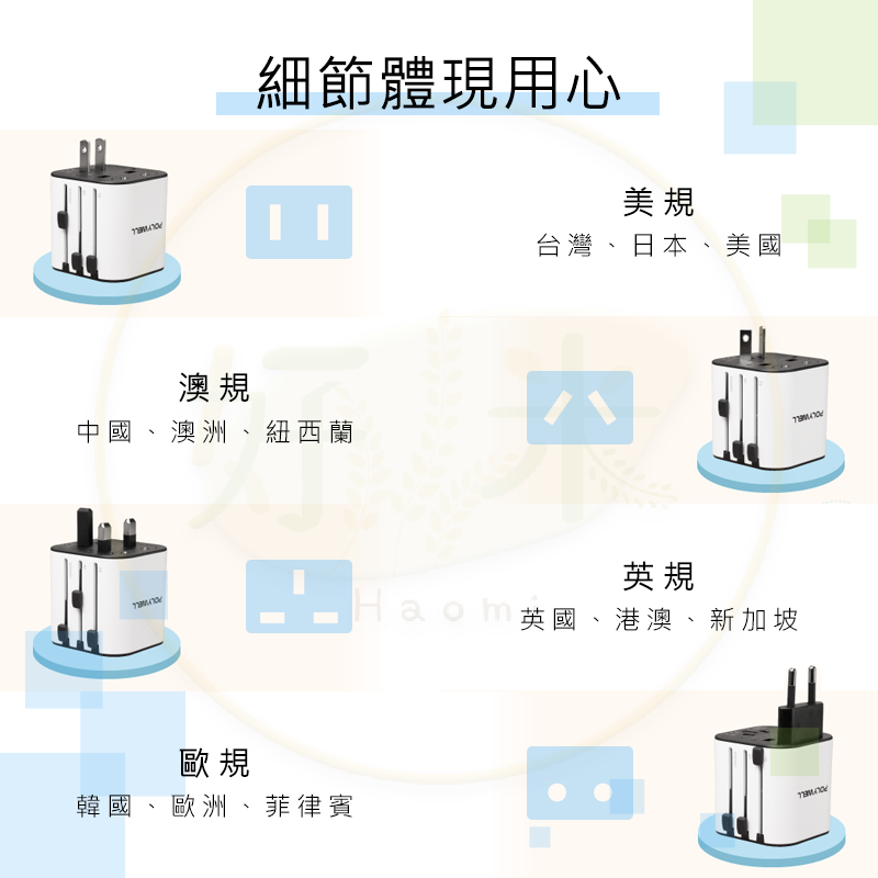 Polywell 多國旅行充電器 世界旅行充電器 轉接頭 二合一 Type-C+雙USB-A R3E498-細節圖4