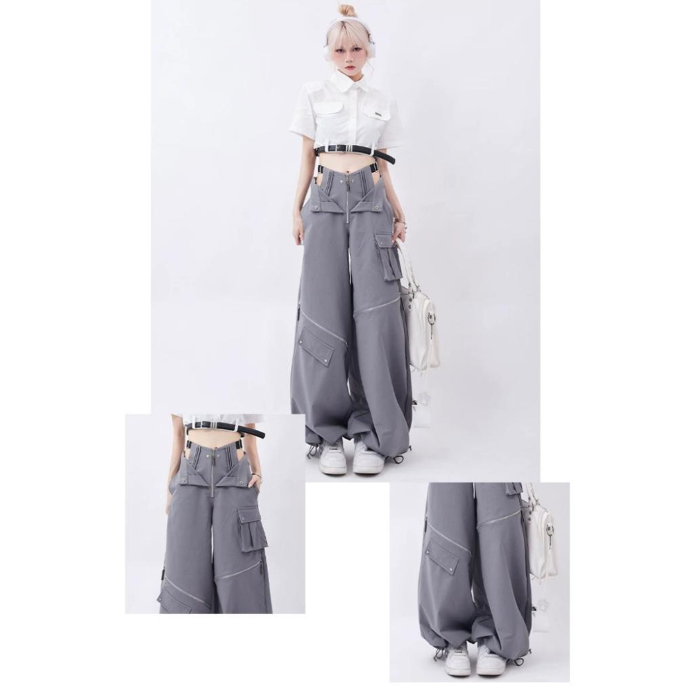 RM 預購 灰色 工裝褲 夏季 原創 復古 多拉鍊 口袋 兩穿 設計 抽繩 休閒褲 日常-細節圖3