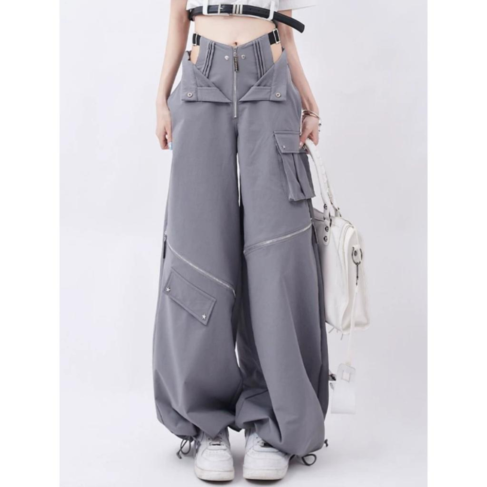 RM 預購 灰色 工裝褲 夏季 原創 復古 多拉鍊 口袋 兩穿 設計 抽繩 休閒褲 日常-細節圖4