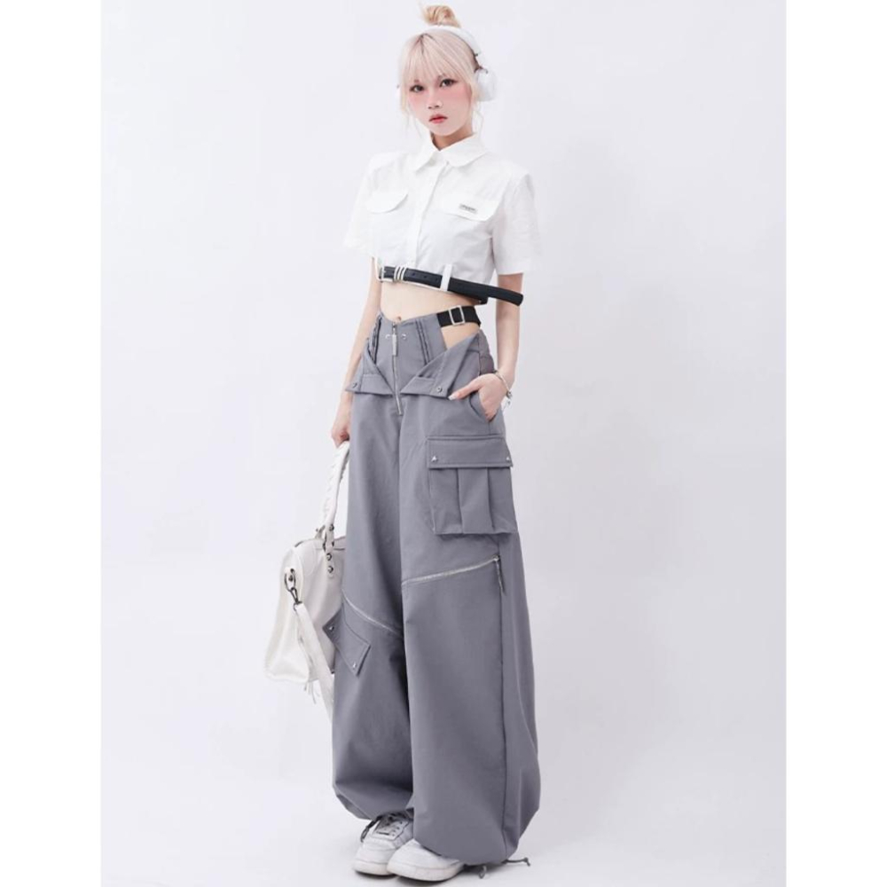 RM 預購 灰色 工裝褲 夏季 原創 復古 多拉鍊 口袋 兩穿 設計 抽繩 休閒褲 日常-細節圖5