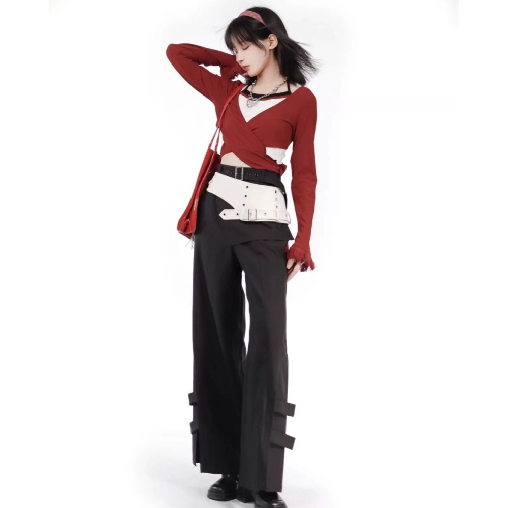 RM 預購 暗夜黑莓 紅黑 特別設計 裝飾 秋冬 綁帶 長袖 外套 套裝 日常-細節圖2
