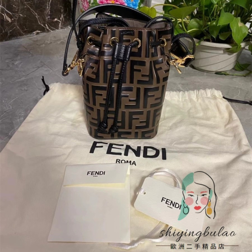 （歐洲二手99新） FENDI 芬迪 Mon Tresor FF logo mini 迷你 小款 皮革水桶包 咖啡色