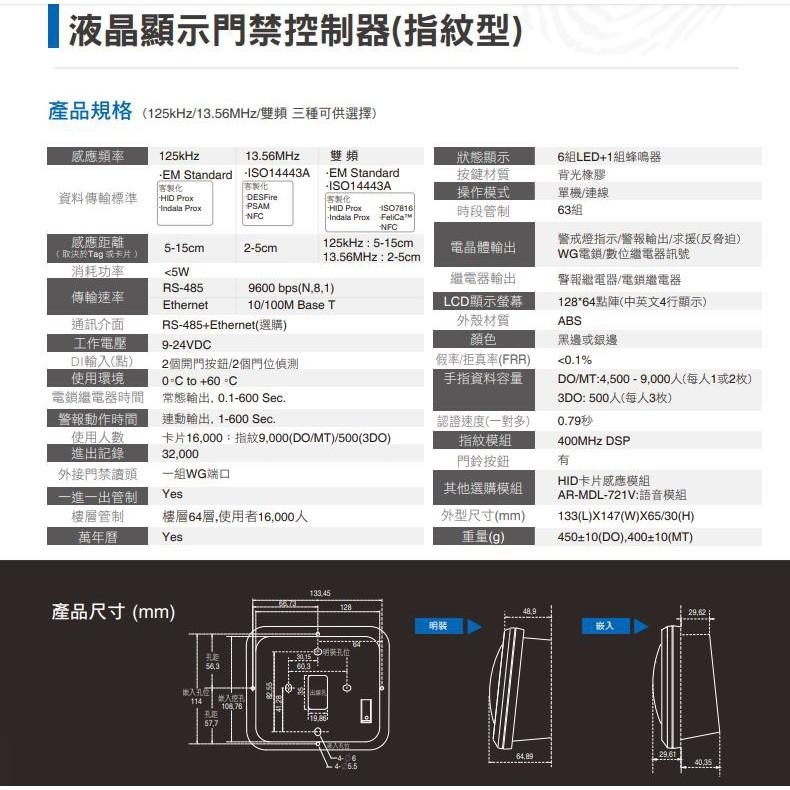 (門禁家) 含稅 SOYAL AR-837EF 指紋機 門禁控制器-細節圖2