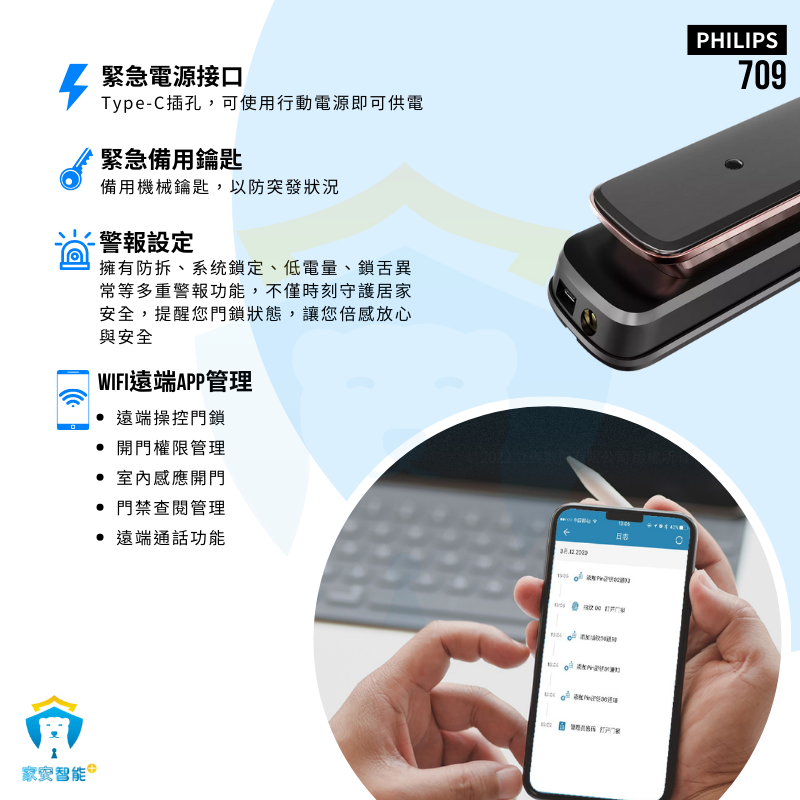 【飛利浦PHILIPS】電子鎖 DDL 709VP 指紋 密碼 卡片 鑰匙 貓眼功能 Wifi遠端 推拉式門把手-細節圖4