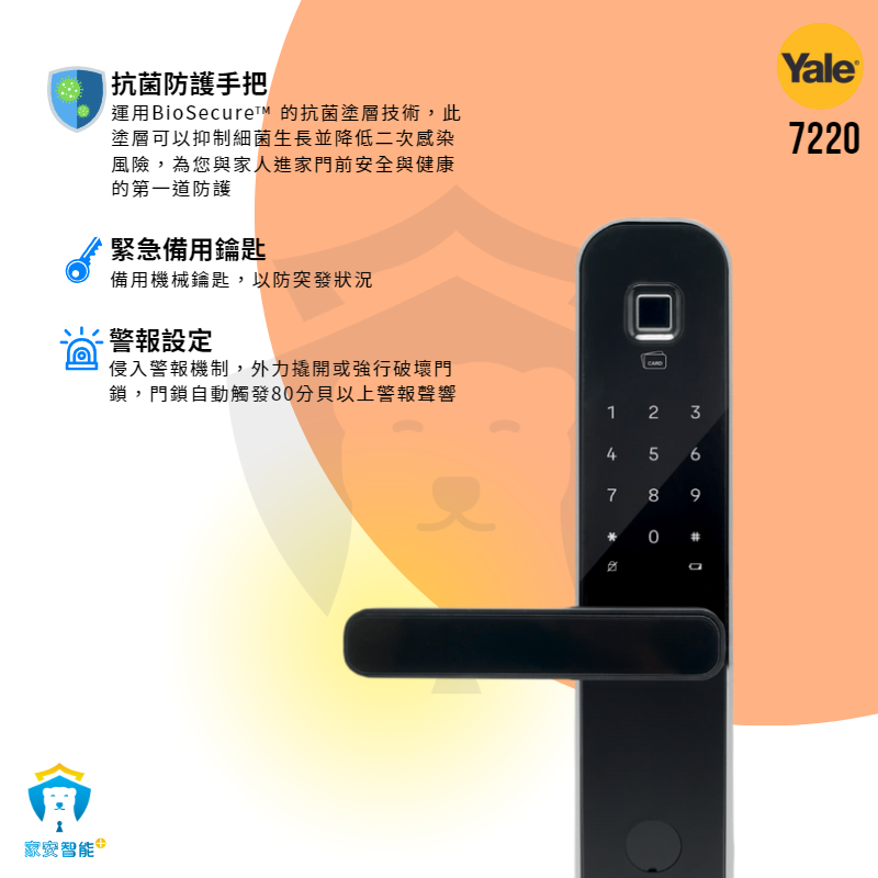 【耶魯Yale】電子鎖 7220 指紋 卡片 密碼 鑰匙 把手式門把手 抗菌防護-細節圖3