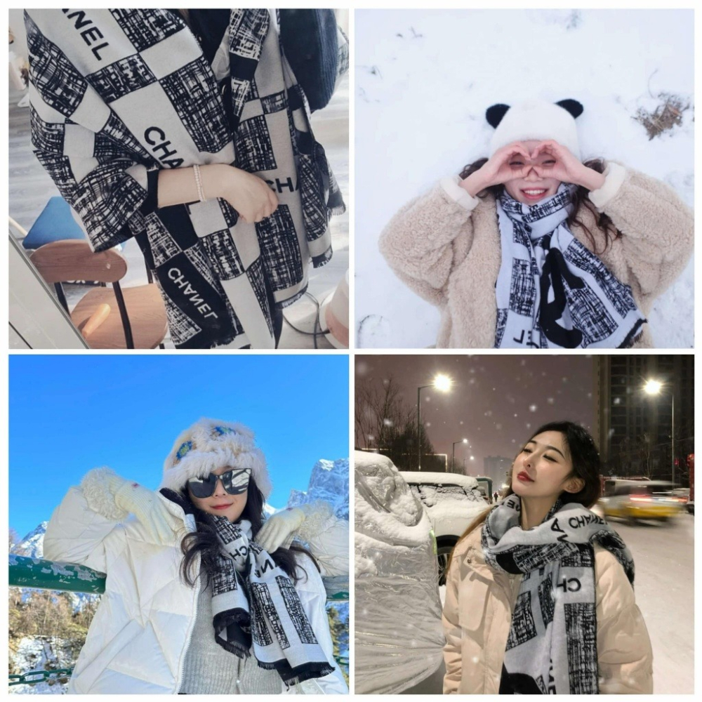 台灣 海外限定 CHANEL 經典黑白羊絨毛雙面圍巾 ＃香奈兒美妝櫃高端VIP限定積分兌換禮-細節圖3