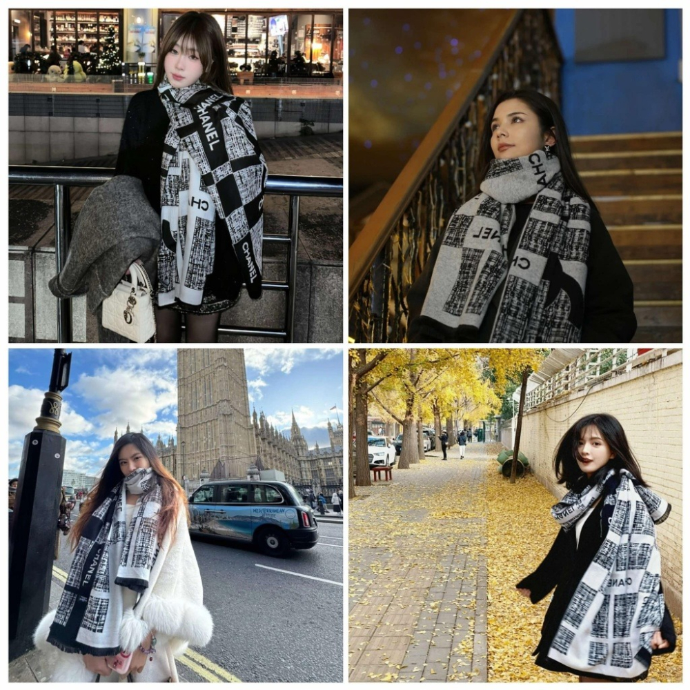 台灣 海外限定 CHANEL 經典黑白羊絨毛雙面圍巾 ＃香奈兒美妝櫃高端VIP限定積分兌換禮-細節圖4