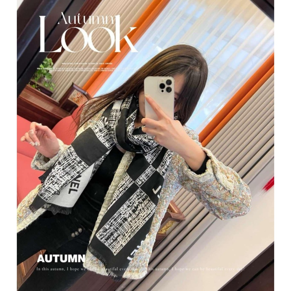 台灣 海外限定 CHANEL 經典黑白羊絨毛雙面圍巾 ＃香奈兒美妝櫃高端VIP限定積分兌換禮-細節圖5