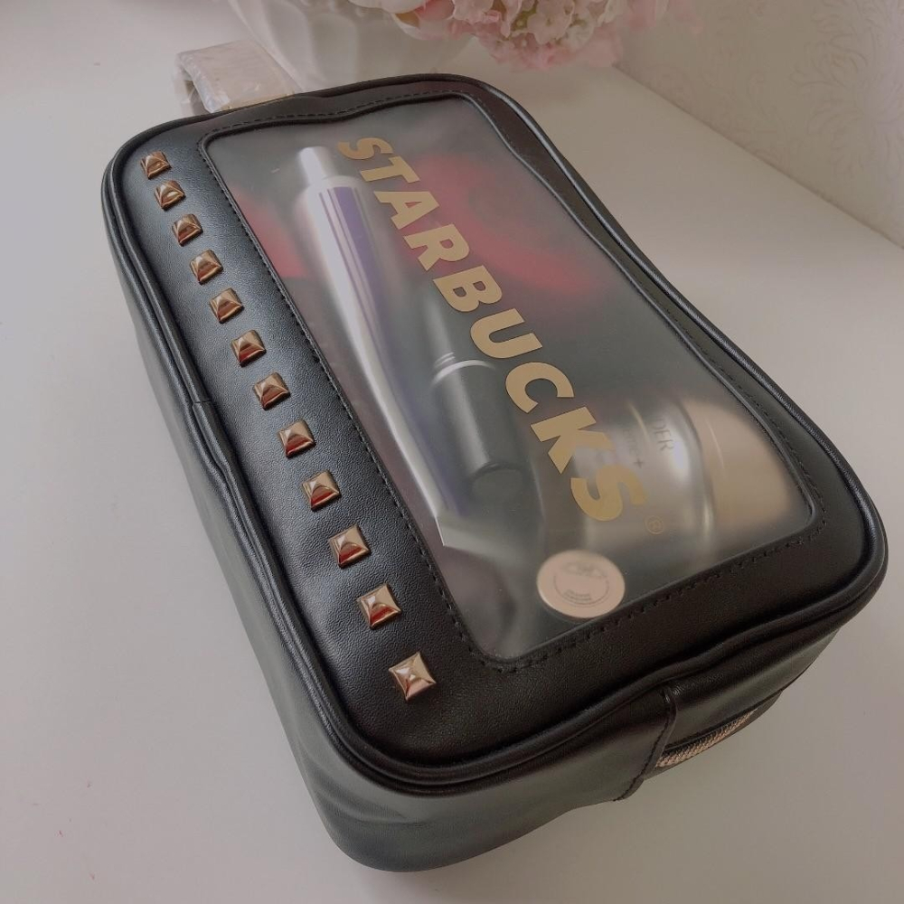 星巴克 質感鉚釘黑色 微透明化妝包手提包-細節圖2