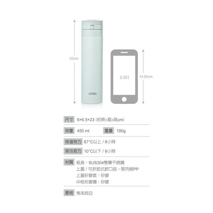 【THERMOS膳魔師】不鏽鋼迷霧綠超輕量自動上鎖真空保溫瓶450ml-迷霧綠(JNS-453-GR)-細節圖9