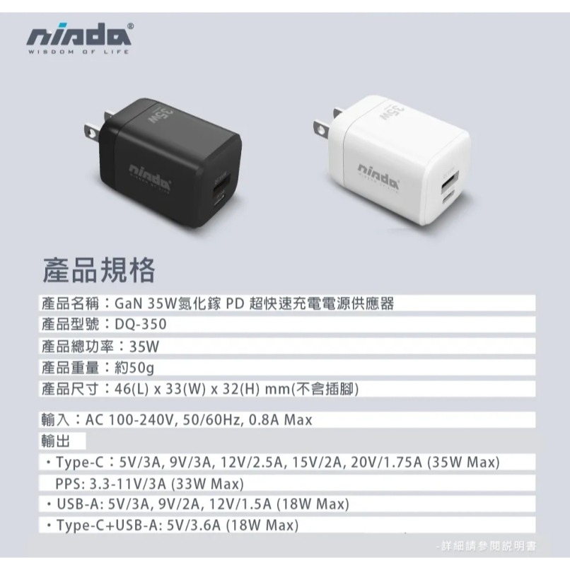 【NISDA】GaN 35W 氮化鎵 PD+QC3.0 雙孔旅充頭 (DQ-350)-細節圖2