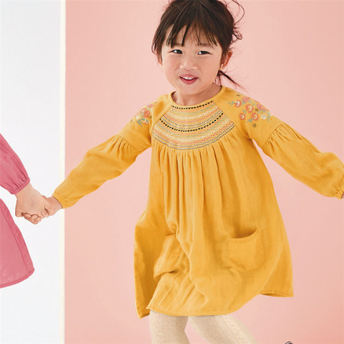 寶貝童裝歐美童裝女童純棉連身裙秋季童裙兒童長袖T恤裙寶寶黃色針織裙子洋裝