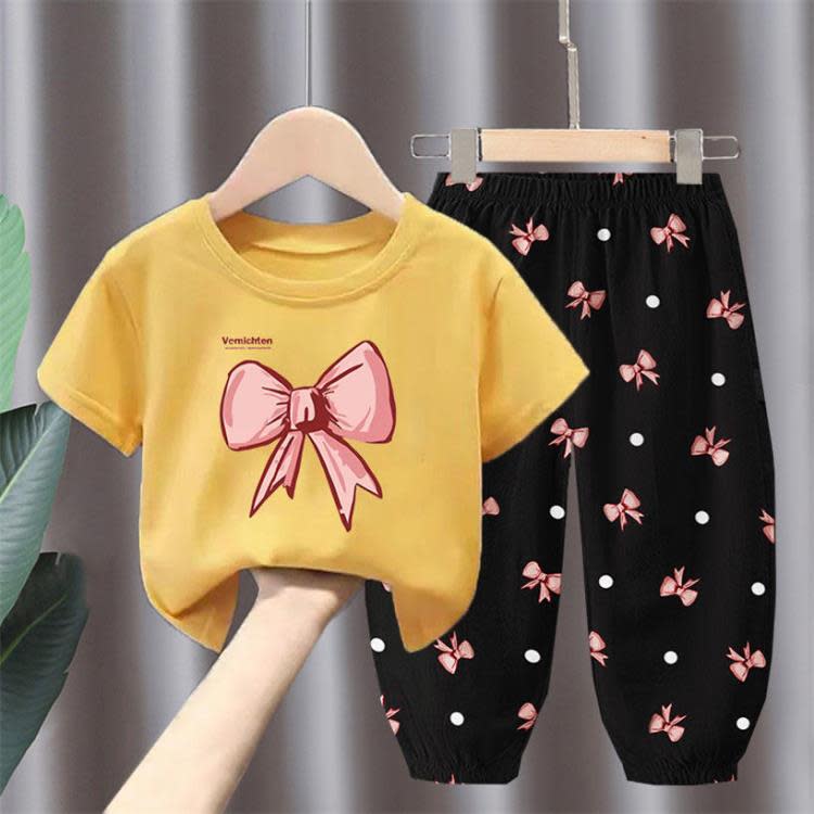 寶貝童裝巴-拉巴-拉女童夏裝時髦T恤套裝兒童蝴蝶結洋氣新款中小童寶寶純-細節圖2