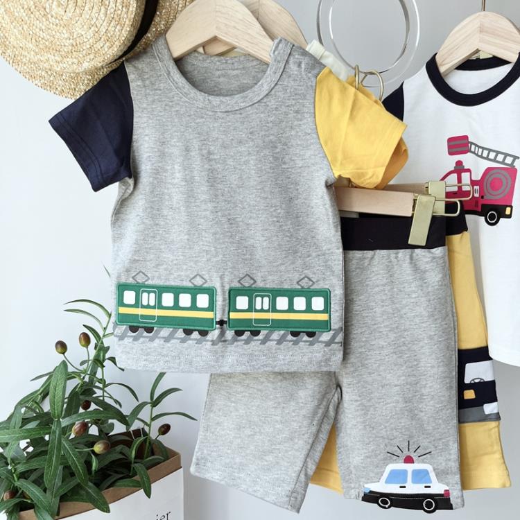 寶貝童裝90-140日系純棉男童工程車短袖短褲套裝T恤上衣休閒5分褲卡通外出-細節圖2