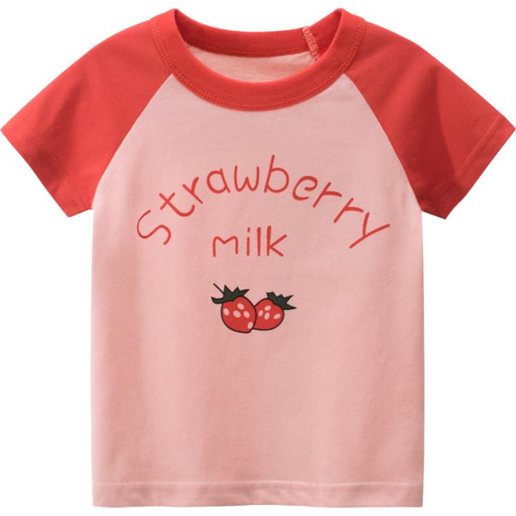 寶貝童裝2021新款童裝女童撞色短袖t恤兒童草莓t恤夏1-8歲寶寶純棉半袖潮-細節圖5