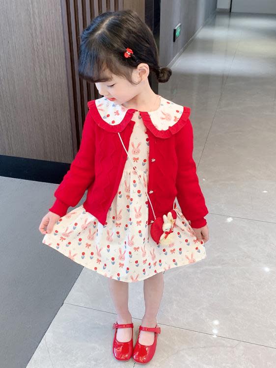 寶貝童裝女童春裝2023新款女寶寶洋氣時髦連身裙開衫套裝2兒童春秋款裙子洋裝3-細節圖2