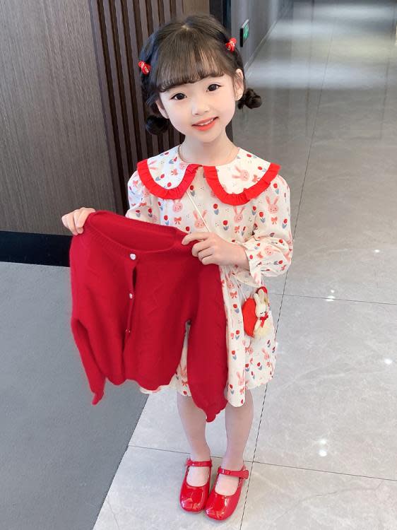 寶貝童裝女童春裝2023新款女寶寶洋氣時髦連身裙開衫套裝2兒童春秋款裙子洋裝3-細節圖3