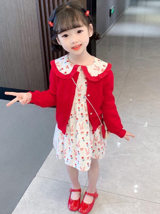 寶貝童裝女童春裝2023新款女寶寶洋氣時髦連身裙開衫套裝2兒童春秋款裙子洋裝3-細節圖4