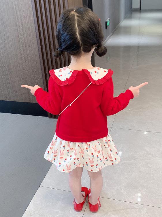 寶貝童裝女童春裝2023新款女寶寶洋氣時髦連身裙開衫套裝2兒童春秋款裙子洋裝3-細節圖5