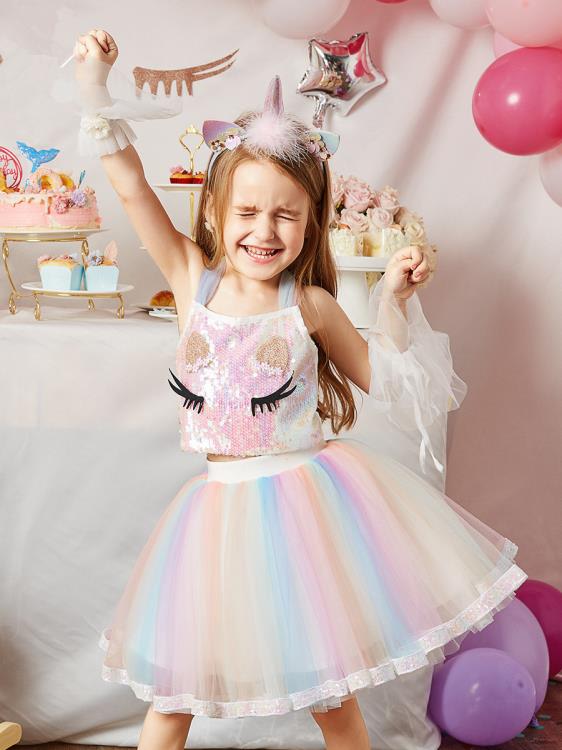 寶貝童裝女童獨角獸亮片上衣ins童裝兒童彩虹網紗裙套裝小寶寶洋氣公主裙-細節圖4