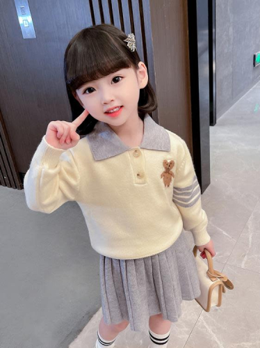 寶貝童裝女童春裝套裝女寶寶春季正韓洋氣時髦學院風長袖卡通毛衣兒童JK裙