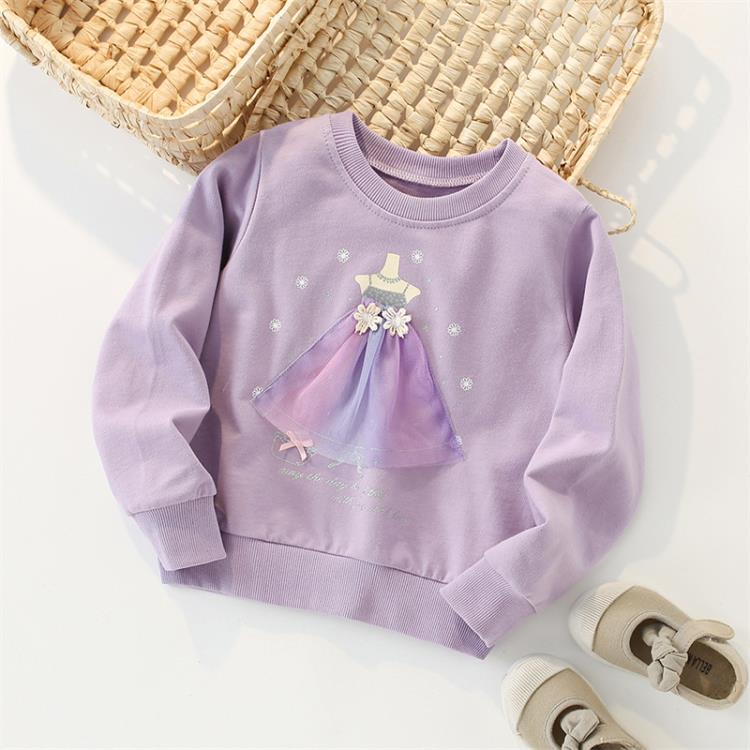 寶貝童裝ins洋氣童裝女童紫色衛衣秋季兒童純棉長袖t恤小寶寶可愛套頭上衣-細節圖2
