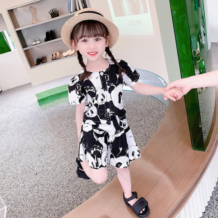 寶貝童裝女童夏裝套裝夏季正韓洋氣時髦女寶寶熊貓2短袖襯衣兒童短裙夏款3-細節圖2
