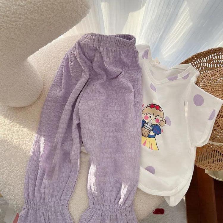 寶貝童裝夏季女童套裝2023新款時髦女寶寶夏季短袖上衣兒童褲二件套潮-細節圖2
