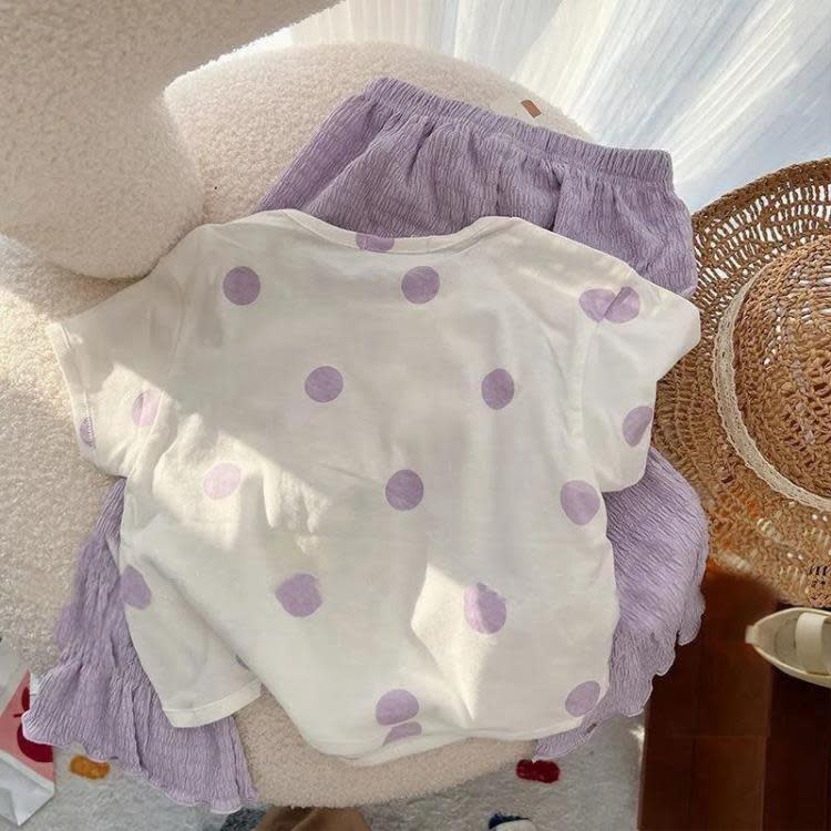 寶貝童裝夏季女童套裝2023新款時髦女寶寶夏季短袖上衣兒童褲二件套潮-細節圖3