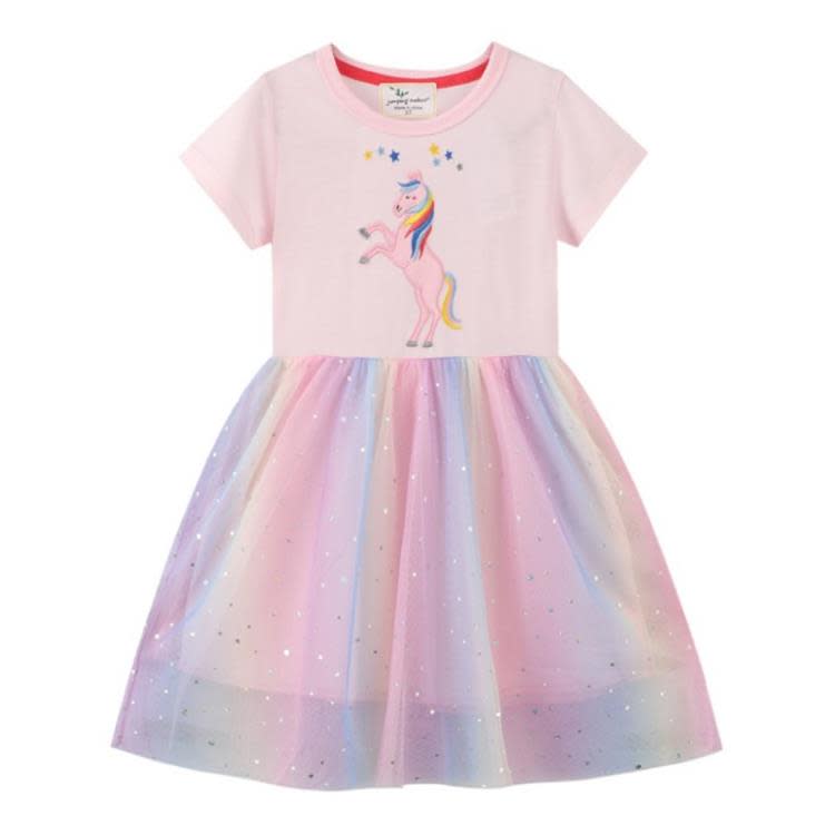 寶貝童裝品牌童裝女童粉紅連身裙夏季新款兒童短袖公主裙寶寶洋氣拼接紗裙-細節圖5