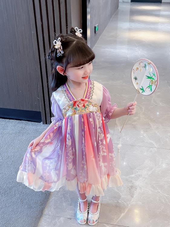 寶貝童裝女童漢服連身裙夏裝兒童夏款中國風古裝超仙裙子洋裝女寶寶雪紡公主裙-細節圖4