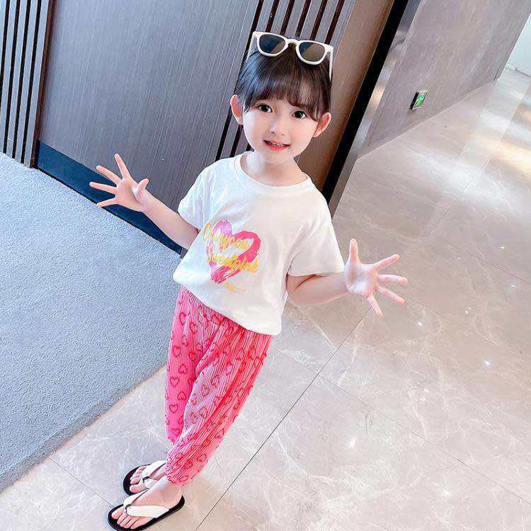 寶貝童裝女童夏裝套裝網紅女寶寶夏季正韓洋氣時髦愛心T恤褲兒童夏款3-細節圖2