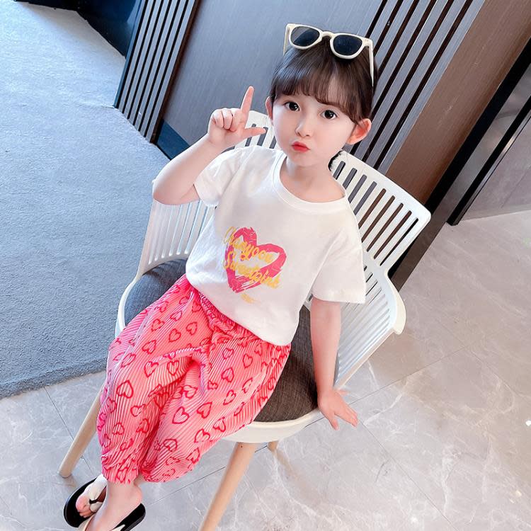 寶貝童裝女童夏裝套裝網紅女寶寶夏季正韓洋氣時髦愛心T恤褲兒童夏款3-細節圖4