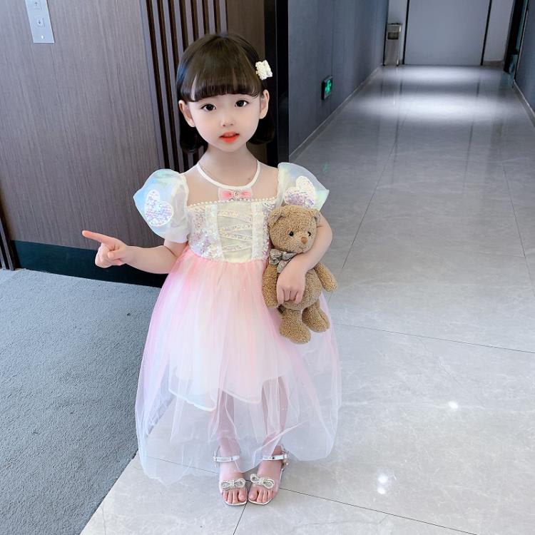 寶貝童裝女童夏裝連身裙夏季正韓女寶寶洋氣時髦亮片網紗公主裙兒童女孩夏-細節圖4