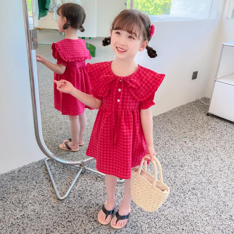 寶貝童裝女童夏裝連身裙女寶寶夏季正韓洋氣時髦娃娃領披肩短袖裙子洋裝兒童夏-細節圖3