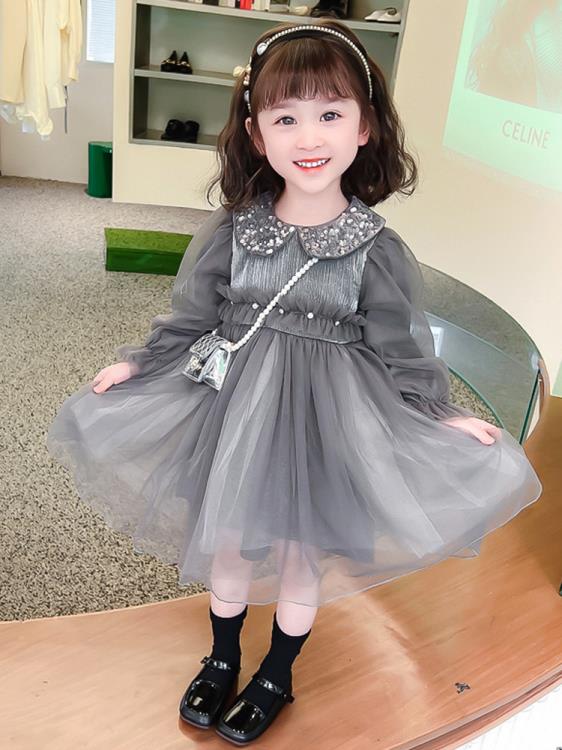 寶貝童裝Next balaba女童連身裙2023春秋新款兒童洋氣亮片時髦網紗連身裙-細節圖3