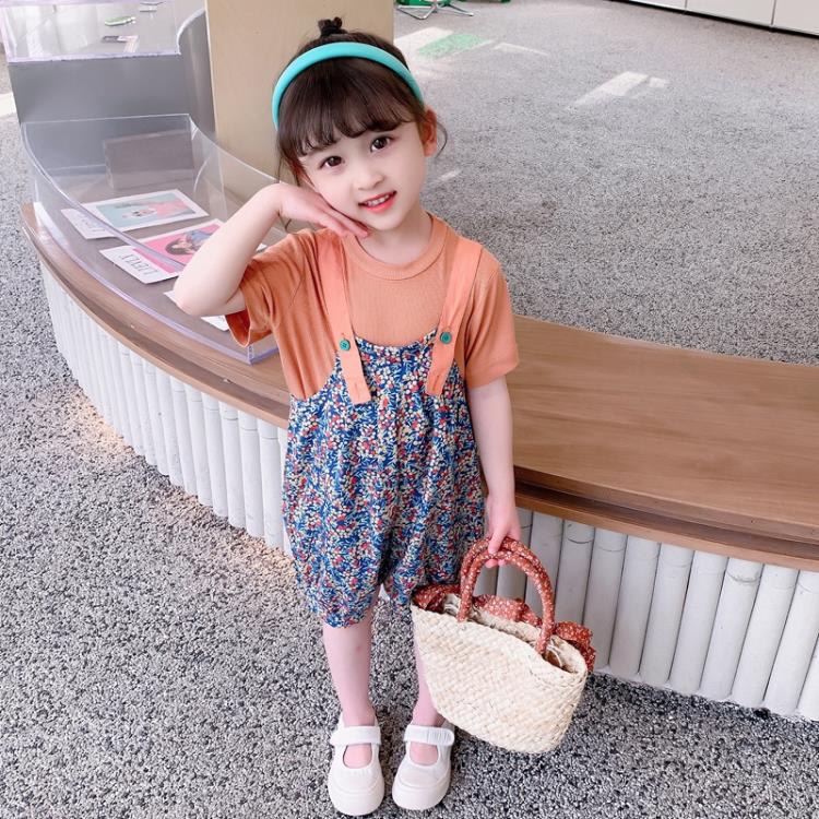 寶貝童裝女童夏裝套裝網紅寶寶夏季韓范洋氣時髦2短袖碎花背帶褲兒童3夏款-細節圖3