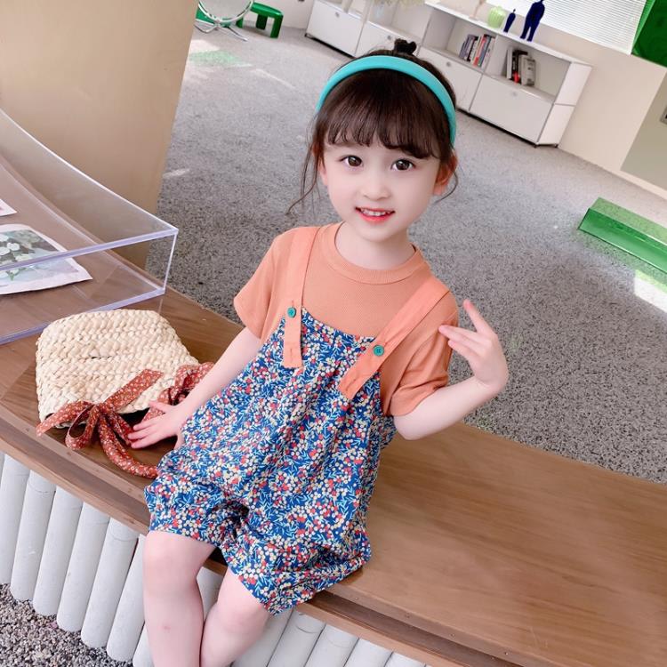 寶貝童裝女童夏裝套裝網紅寶寶夏季韓范洋氣時髦2短袖碎花背帶褲兒童3夏款-細節圖4