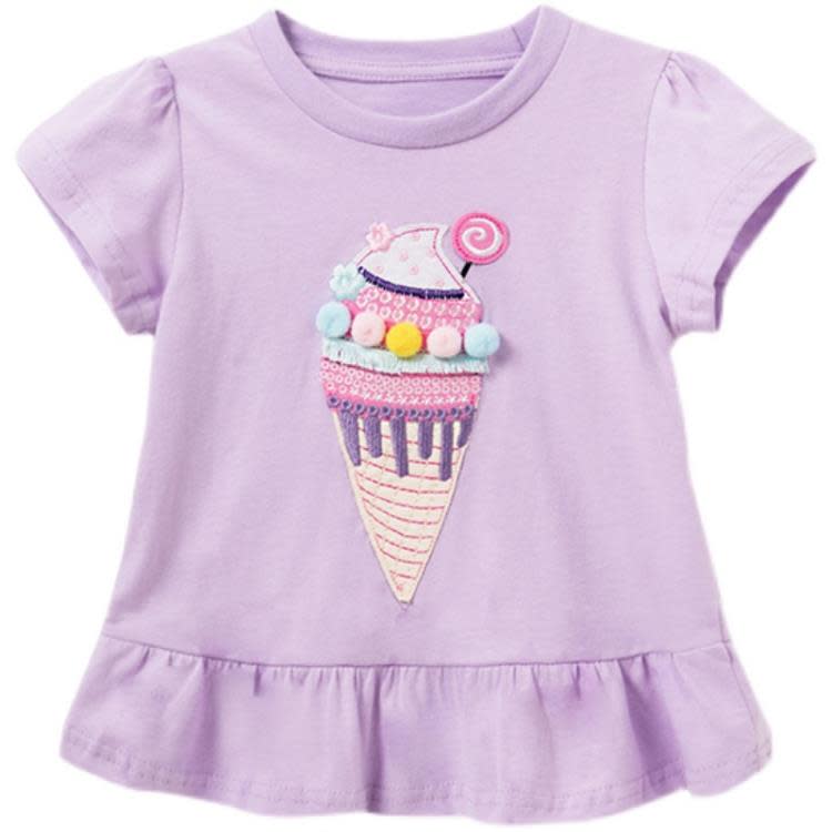 寶貝童裝女童純棉短袖T恤夏季童裝寶寶洋氣卡通冰淇淋紫色休閒荷葉邊半袖-細節圖5