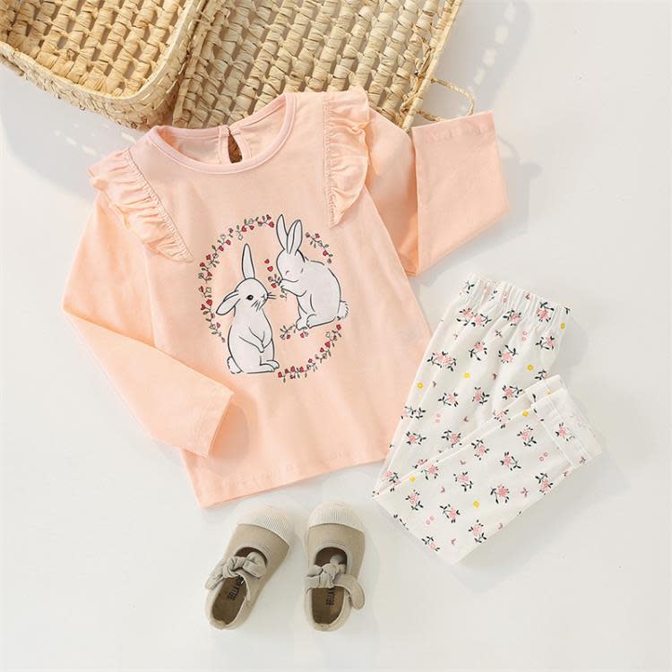 寶貝童裝2022新款女童套裝卡通兔子兒童純棉長袖t恤長褲二件套小寶寶衣服-細節圖2