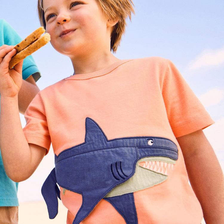 寶貝童裝卡通鯊魚男童半袖夏季外貿童裝兒童短袖t恤寶寶可愛打底衫小男孩-細節圖2