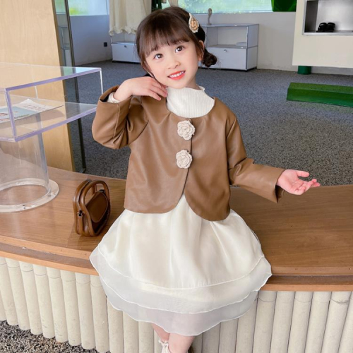 寶貝童裝韓范童裝女童套裝女寶寶洋氣時髦春裝兒童春季皮衣連身裙二件套潮