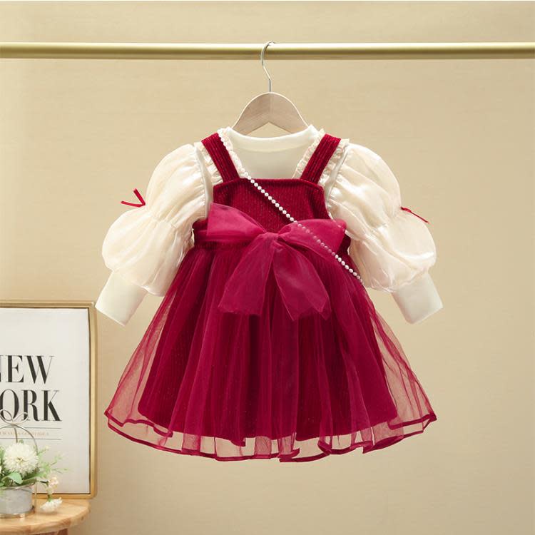 寶貝童裝巴-拉巴-拉女童紅色連身裙紗裙女寶新年拜年服寶寶加厚春秋裝公主-細節圖2
