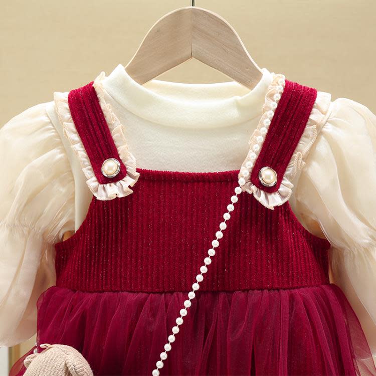 寶貝童裝巴-拉巴-拉女童紅色連身裙紗裙女寶新年拜年服寶寶加厚春秋裝公主-細節圖3