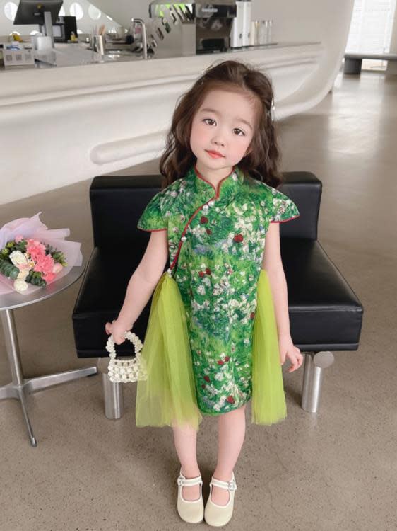 寶貝童裝女童旗袍夏款連身裙女寶寶洋氣時髦夏裝2兒童夏季中國風復古裙子洋裝3-細節圖2
