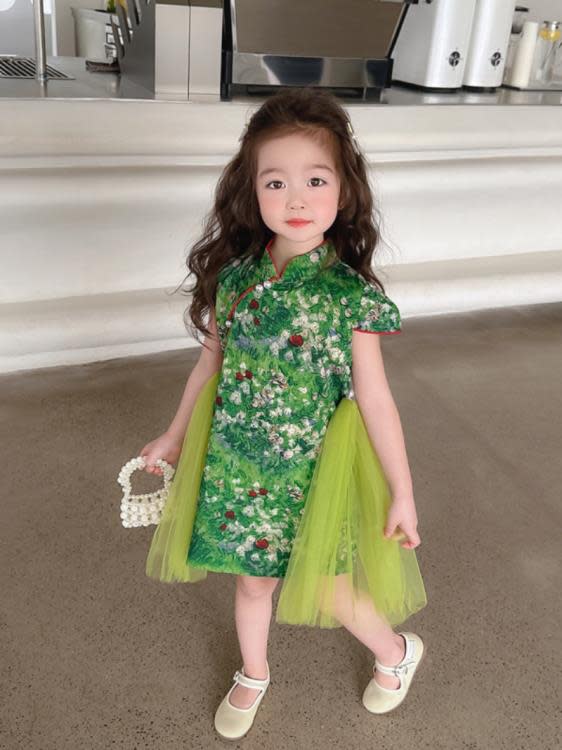 寶貝童裝女童旗袍夏款連身裙女寶寶洋氣時髦夏裝2兒童夏季中國風復古裙子洋裝3-細節圖4
